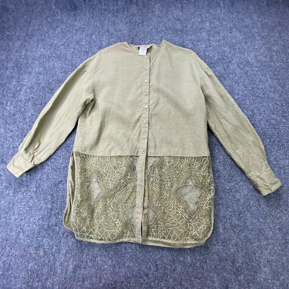 Como Shirt Womens S Tan Linen Tunic Lace Mandala‎ Panels Boho Artisan Lagenlook